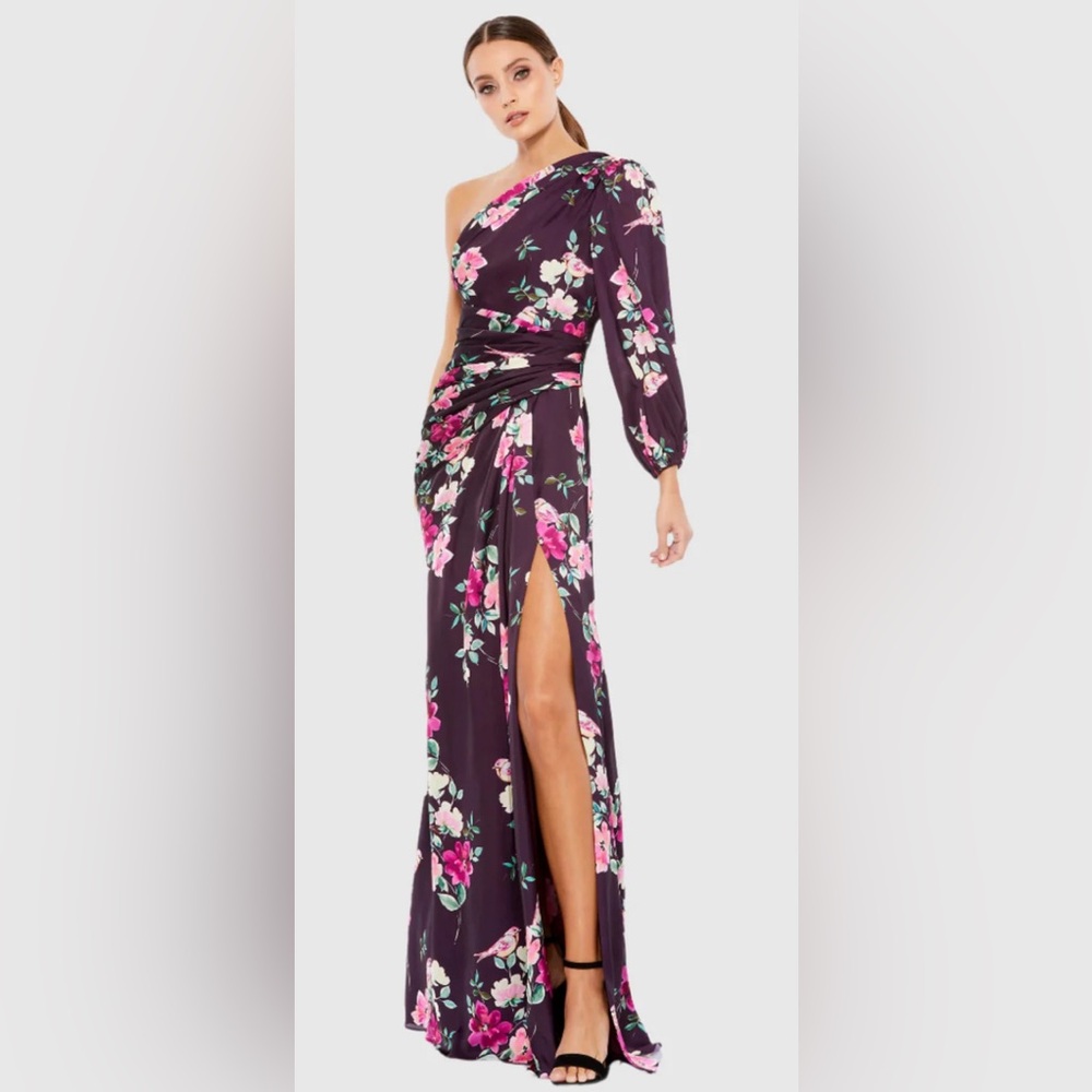 Mac Duggal Purple PLUM FLORAL PRINT ONE SLEEVE SLIT GOWN NWT Large 12 14
